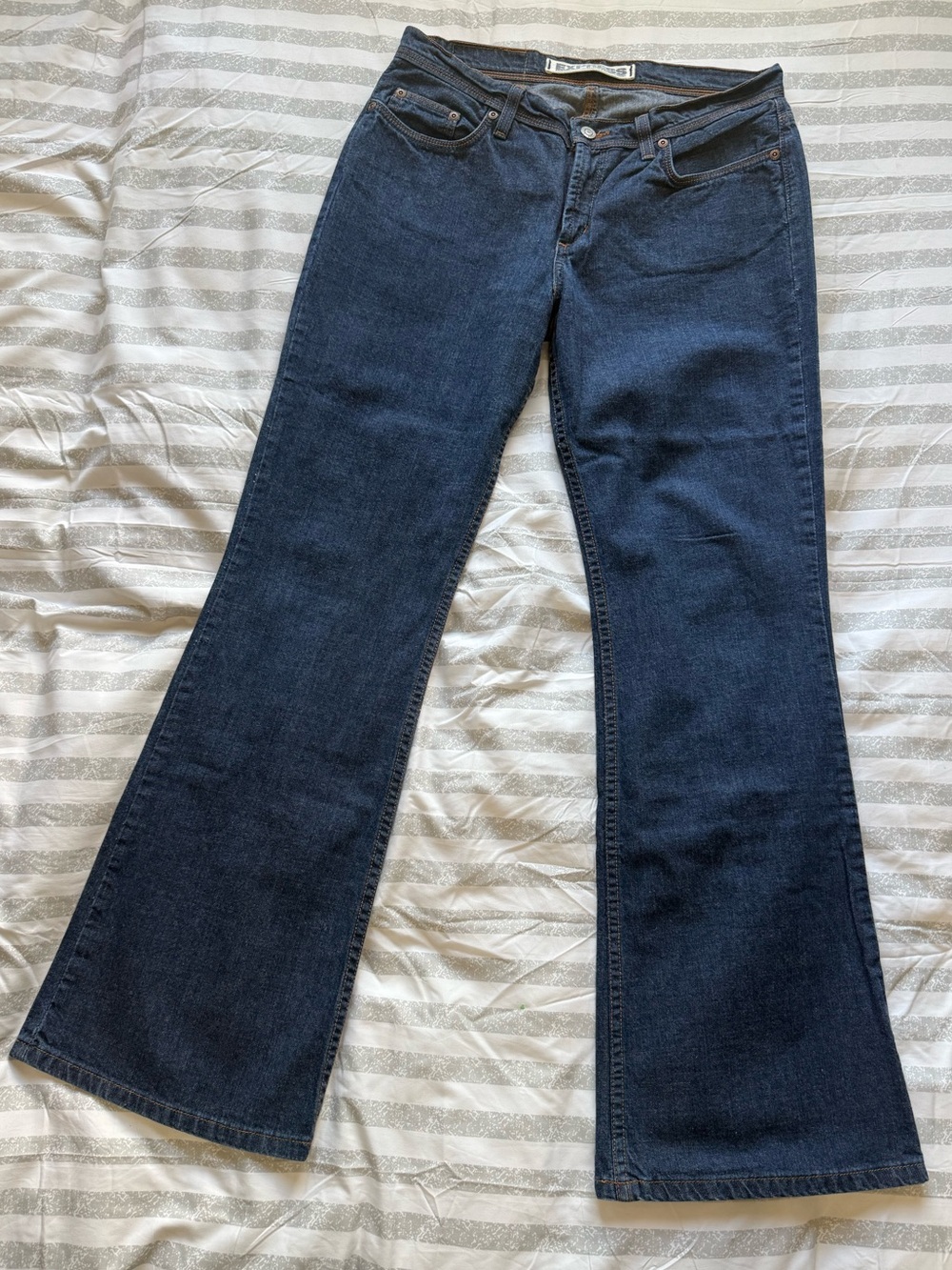 Express Hipster Flare Jeans - Dark Indigo with Orange Stitching